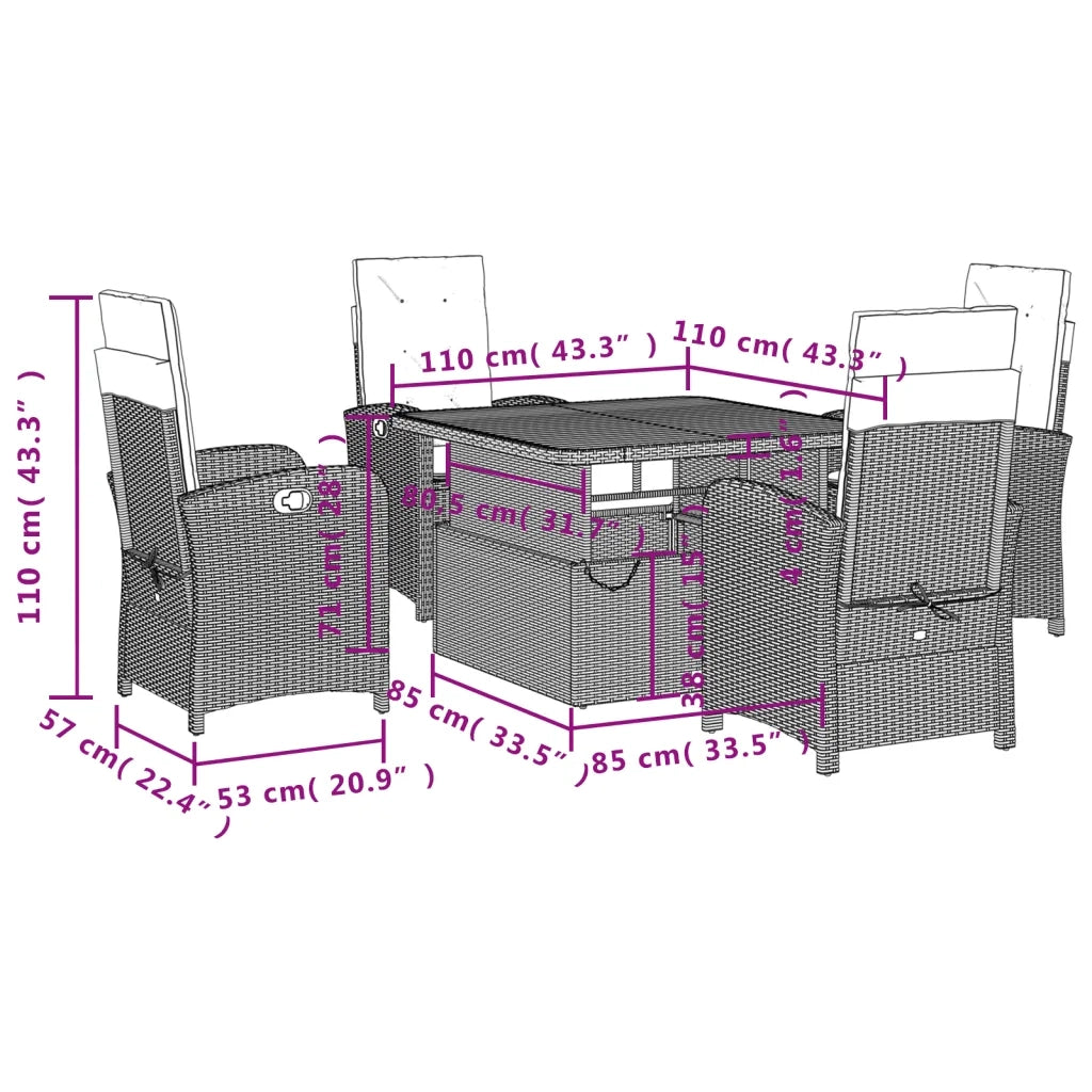 Set da Pranzo da Giardino 5 pz Nero con Cuscini in Polyrattan 3277317