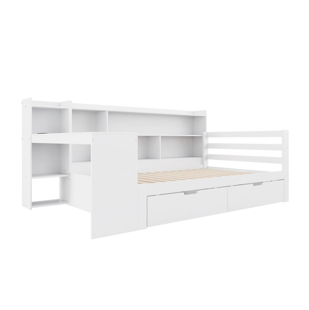 Divano letto multifunzionale 90x200 cm con scrivania; libreria; prese USB; bianco