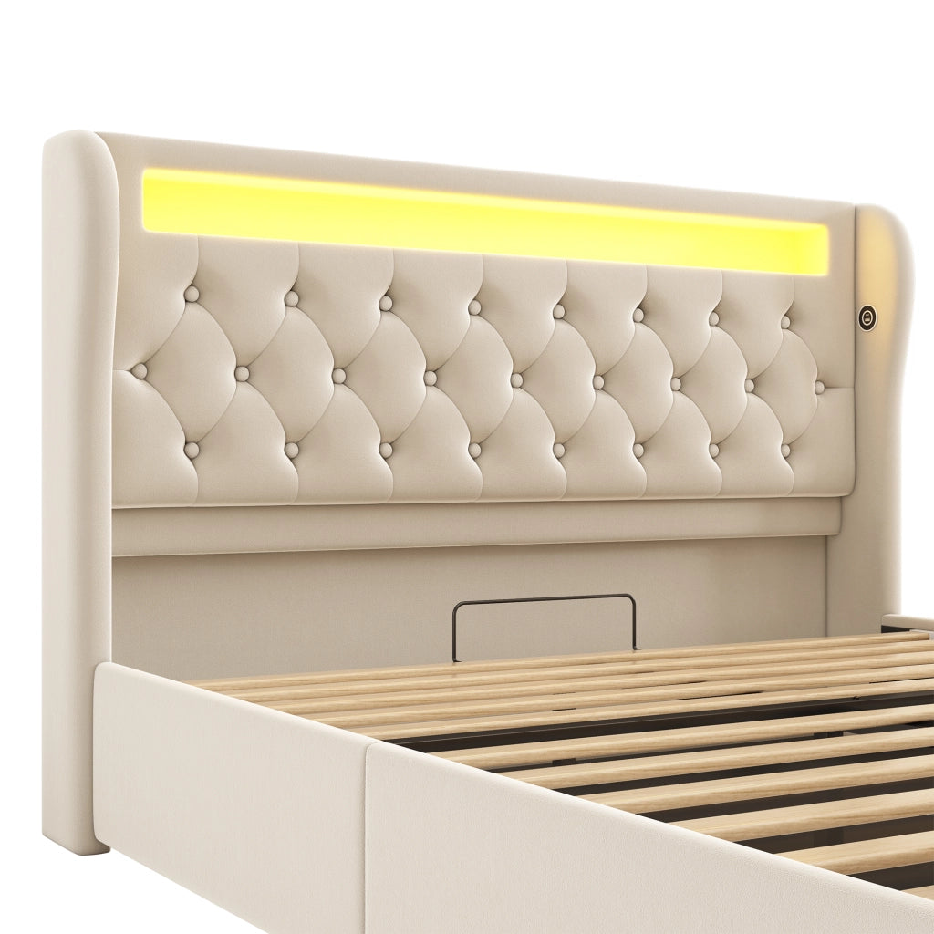 Letto Contenitore Matrimoniale Imbottito con LED ¨C MINIMAL ¨C Velluto Beige 140x190, Testiera USB, Idraulico