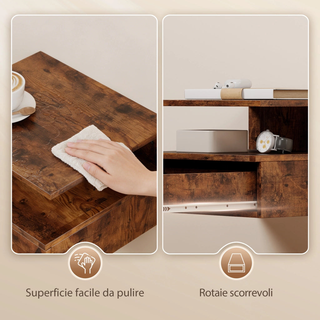 Comodini Sospesi con Cassetto e Mensola ¨C zephmum ¨C Marrone Rustico 35x32x22.5 cm
