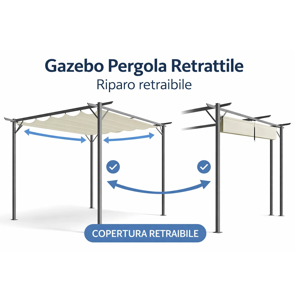 Pergola Gazebo Retrattile da Giardino 3x3 Metri Beige Anti UV e Impermeabile