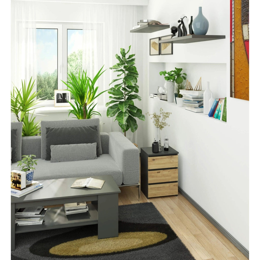 Comodino AKORD CL3 Grigia Grafite 40 cm 3 cassetti inserto frontale Quercia Artisan 40x35x57 cm