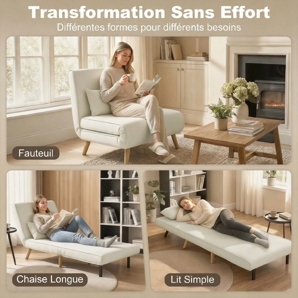 Poltrona letto convertibile 3 in 1 con cuscino ¨C Xylo ¨C tessuto crema schienale 5 posizioni