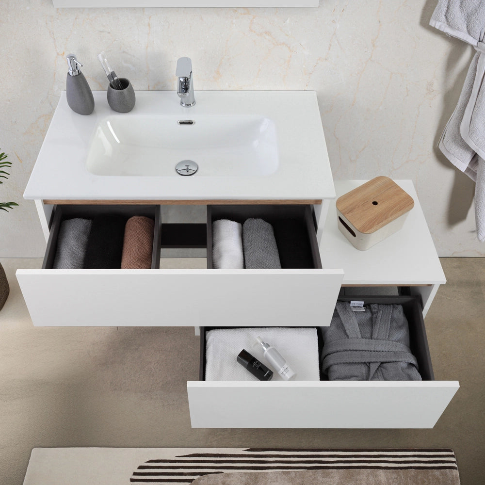 Cassettone bagno sospeso 80 cm soft-close bianco e rovere africa Kleo