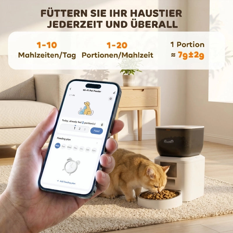 Distributore automatico di cibo per gatti, Wi-Fi 2.4G, 4 litri, controllo tramite app, da 1 a 10 pasti, avviso di alimentazione ogni 10 secondi.