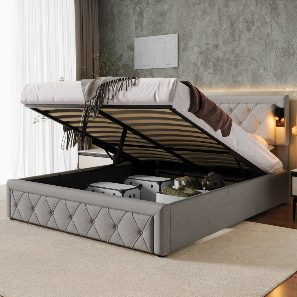 LETTO imbottito 160x200 cm in lino grigio con downlight e porte USB