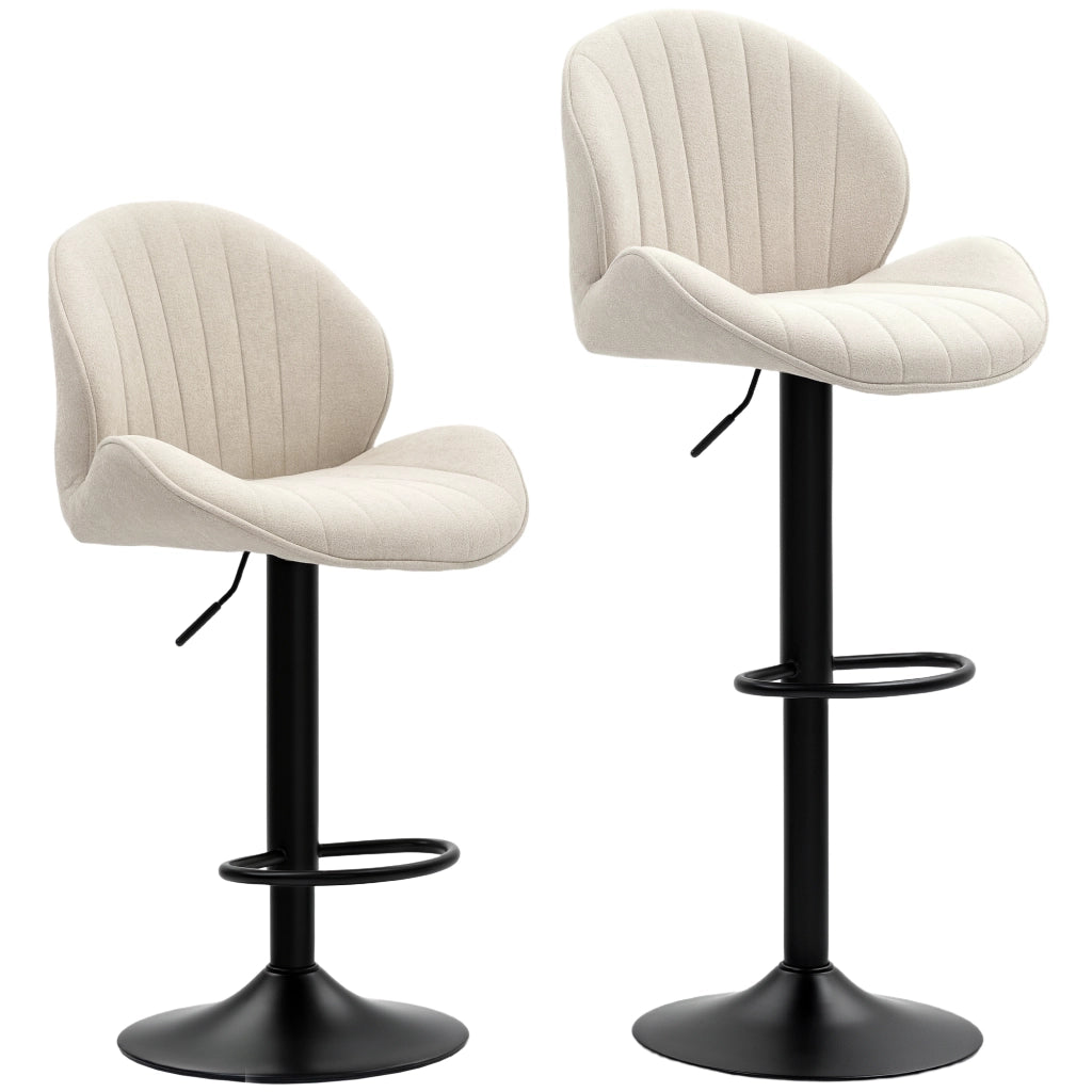 Set 2 Sgabelli da Bar con Schienale a Conchiglia 48x50x94-115 cm in Tessuto Effetto Ciniglia Nero e Beige