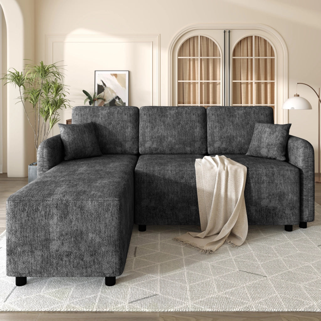 Divano angolare 3 posti - con area relax a L e 2 cuscini - in chenille nera