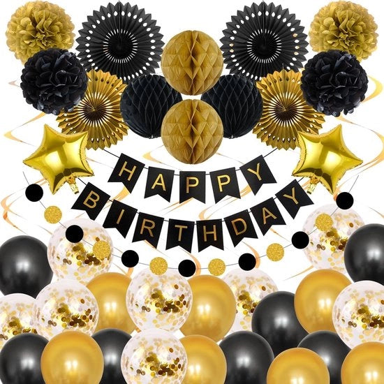 Decorazione di Compleanno Set Nero/ Oro – Palloni, Confetti, Bandiera & Tissue Pomponi – Decorazione di Festa per Adulti