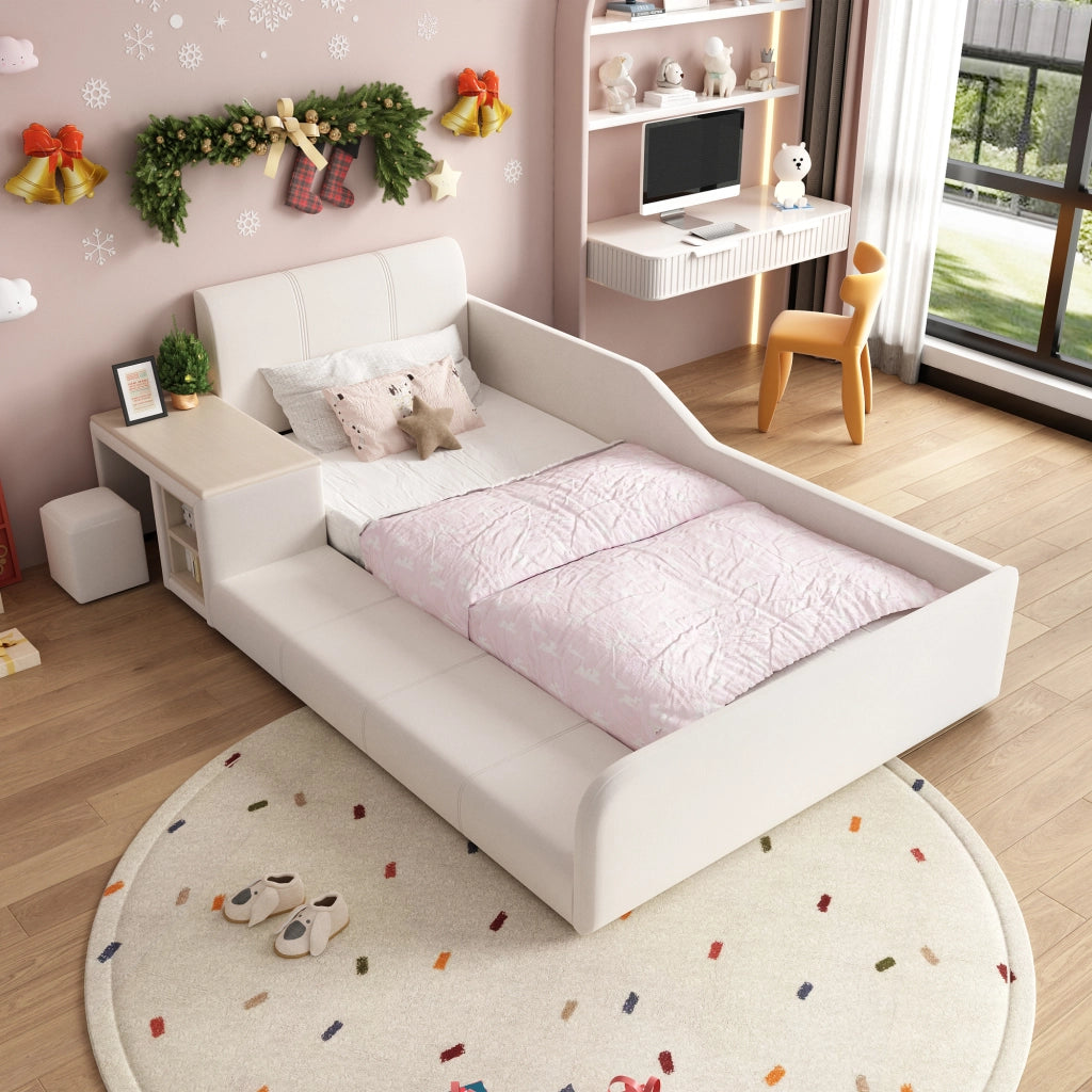 LETTO singolo 90x200 cm in velluto bianco con scrivania e sgabello