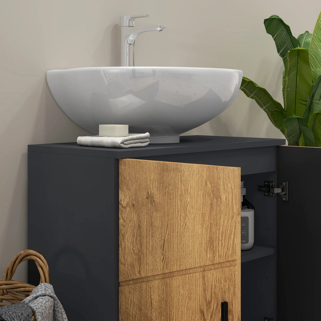 Mobile sottolavabo bagno ¨C Xylo ¨C 2 ante con ripiano, 60x30x60 cm, grigio antracite effetto legno