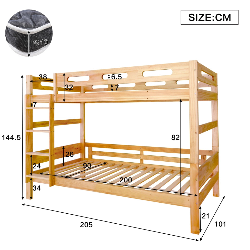 Letto a castello 90×200 cm; letto singolo; separabile in 2 letti singoli; senza materasso; in legno massello; naturale