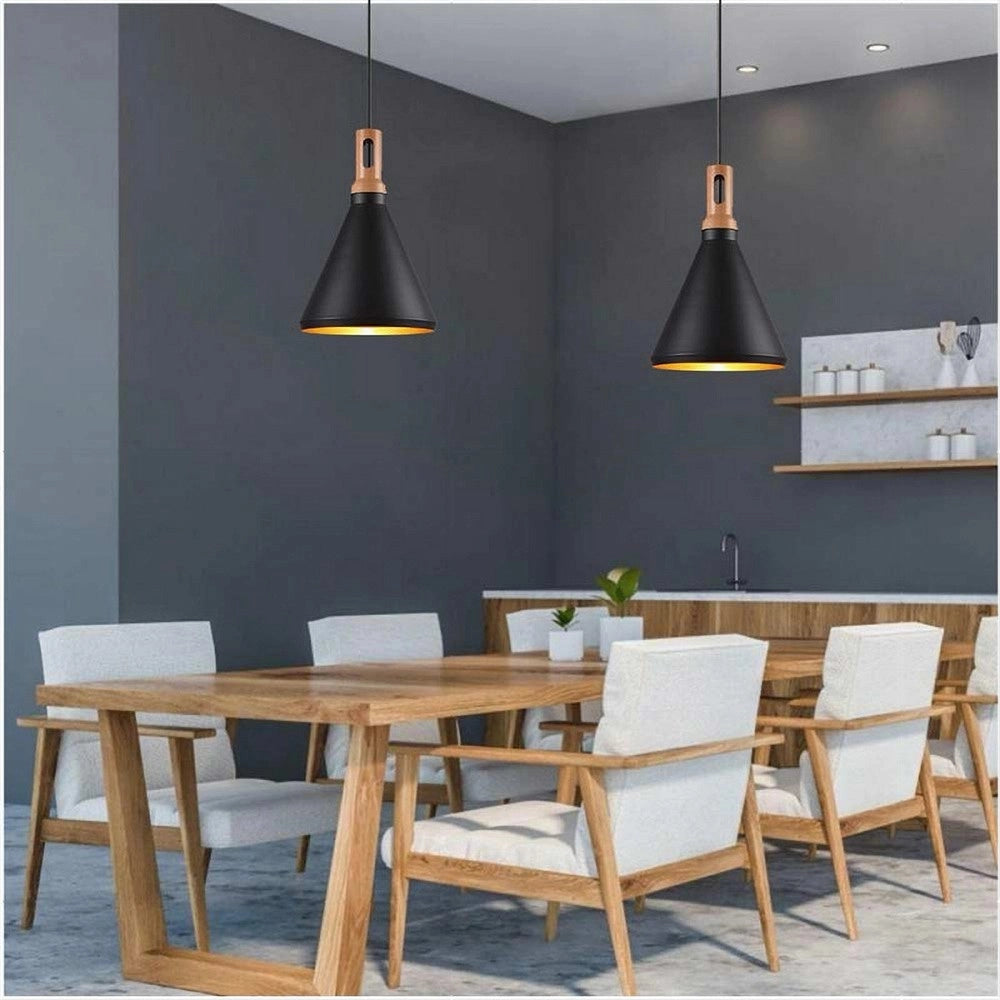 Trade Shop - Lampadario A Sospensione Stile Industriale In Metallo Pendente A Cono E27 A94 - Nero