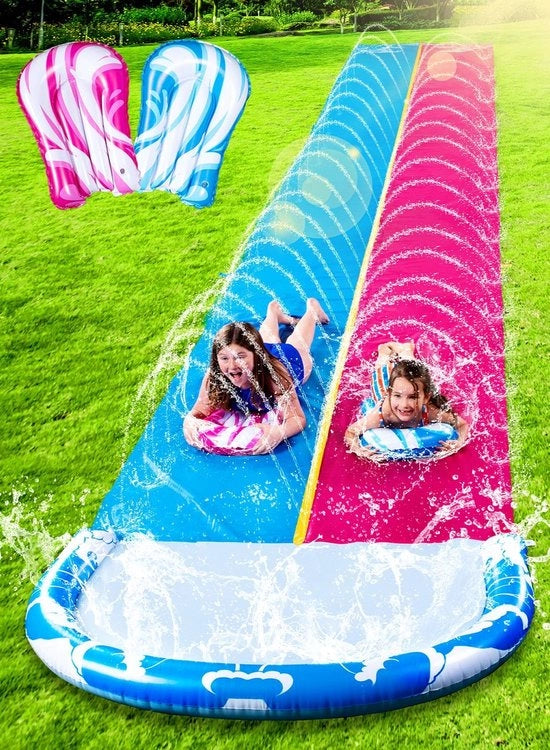 Scivolo Acquatico Biciclo di 686 cm con Getto d'Acqua e 2 Pannelli Inflabili per Festa Estiva di Giardino Terrazza Esterno Giocattoli Acquatici Attività Estive