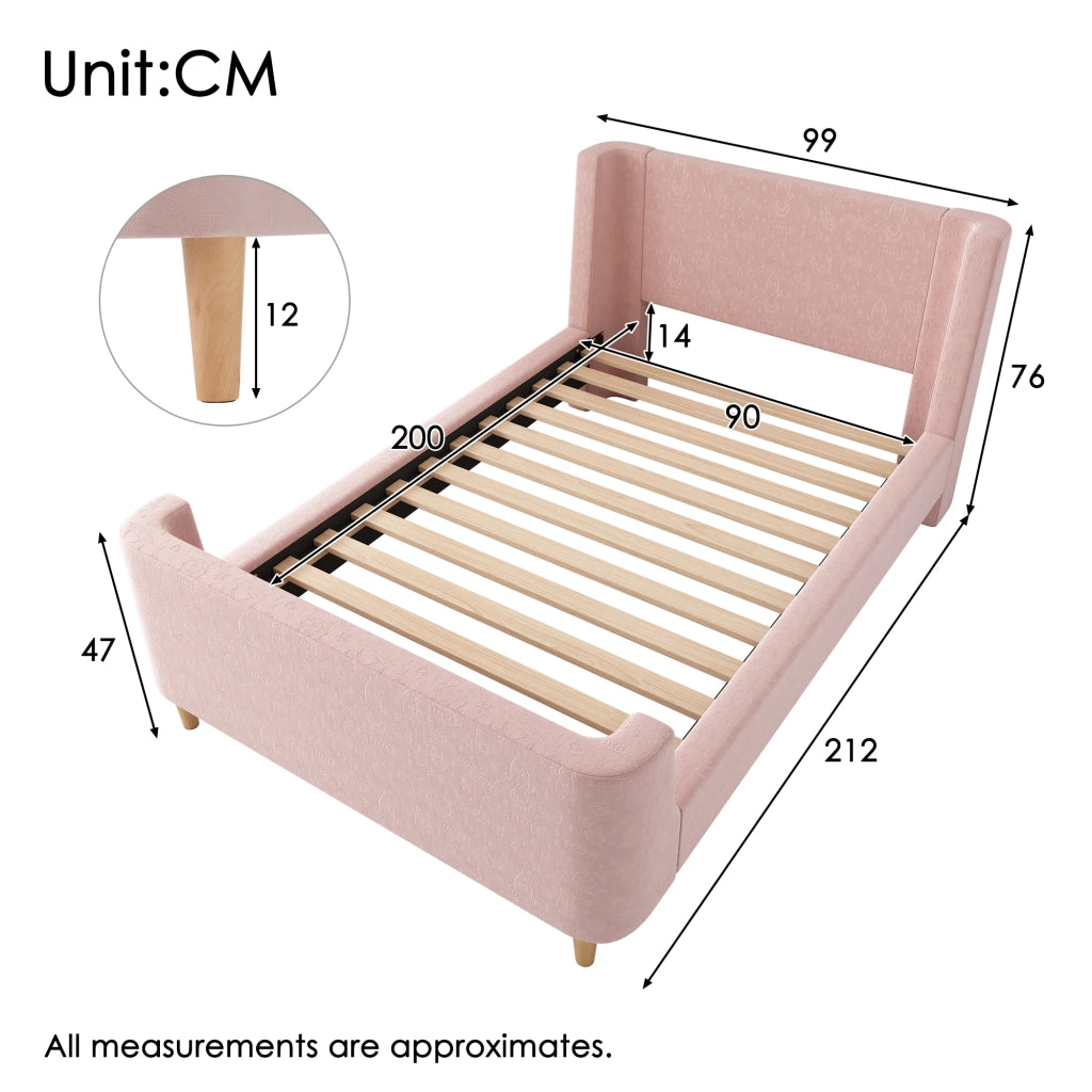 letto a slitta in velluto rosa 90 x 200 cm