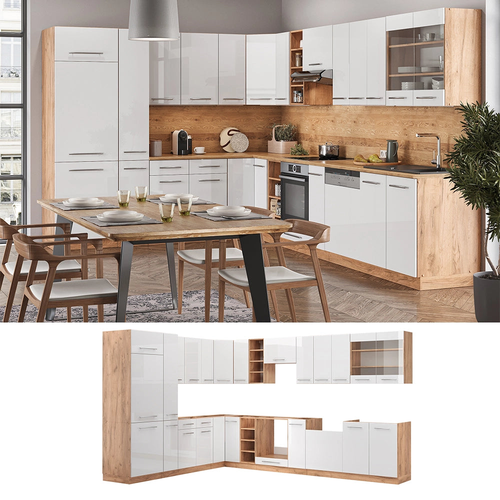 Cucina angolare completa Fame-Line Bianco lucido/Rovere dorato 347 x 60 cm, PL Rovere Vicco