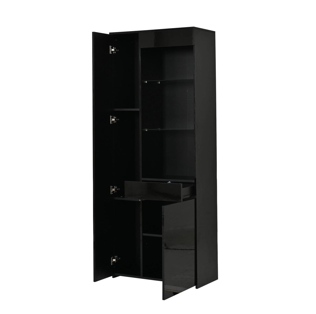 Vetrina con 2 ante; cassetto e LED con app; vetro temperato; 70 x 35 x 180 cm; pannello truciolare; nera