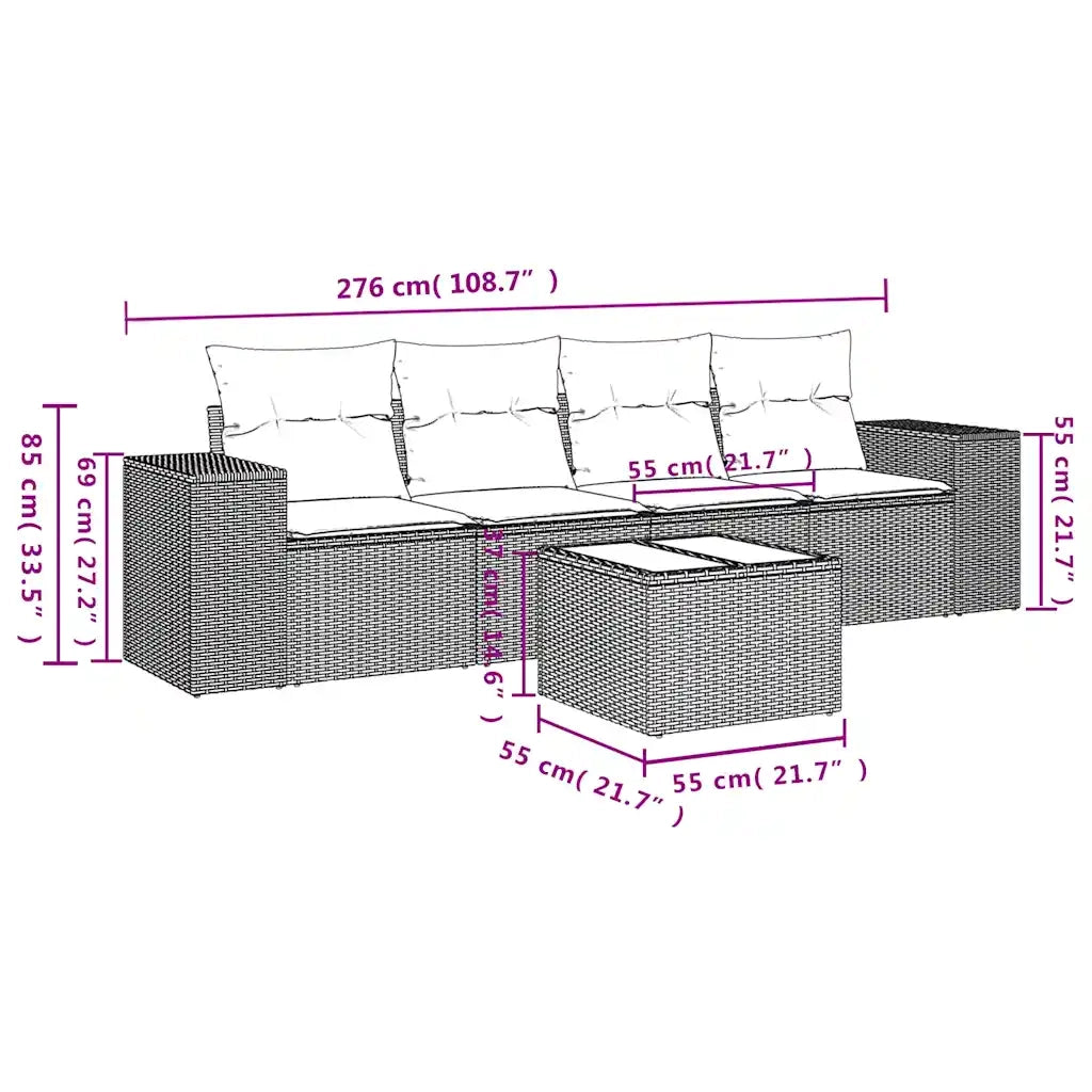 Set Divano da Giardino 5 pz con Cuscini Marrone in Polyrattan