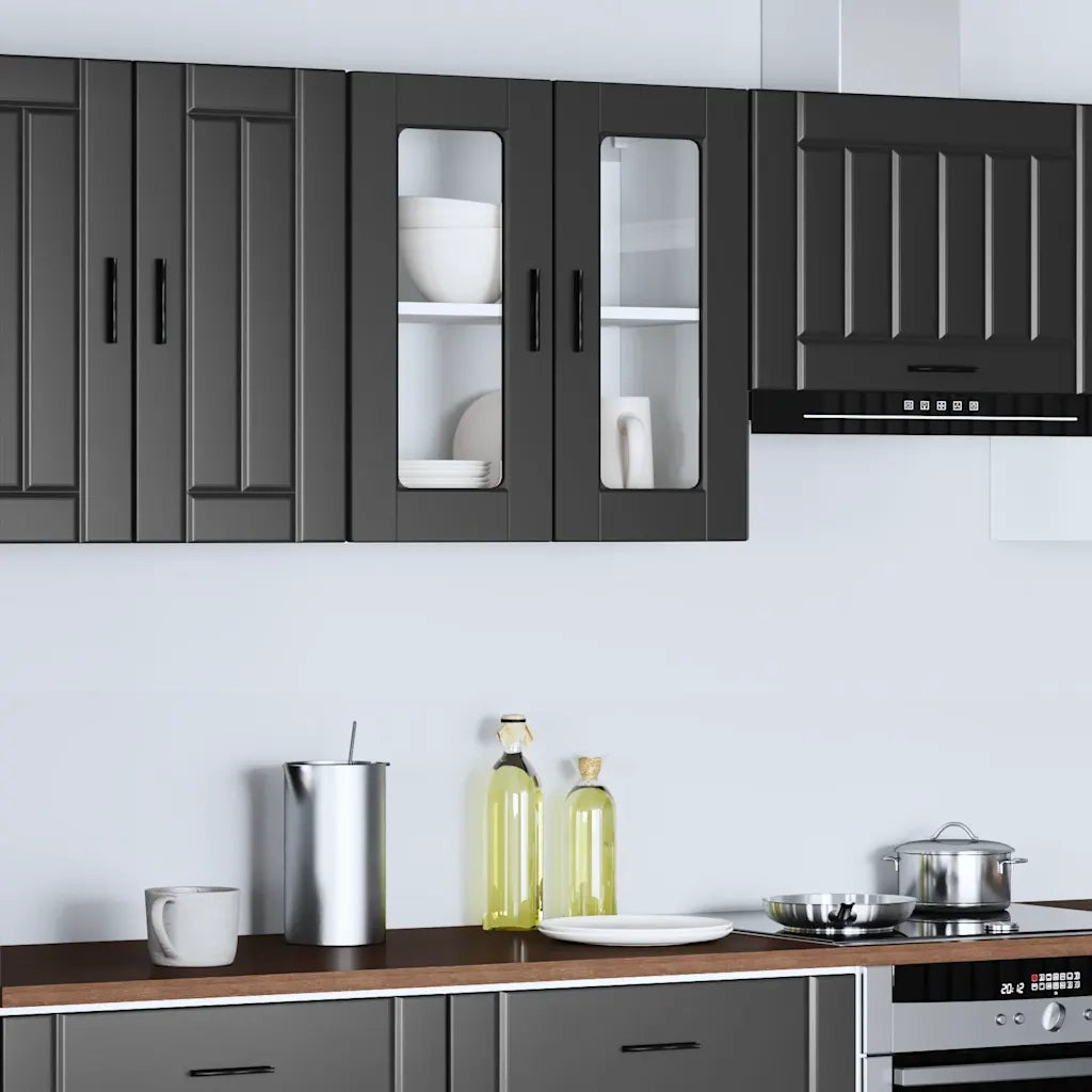 Pensile da Cucina con Porta in Vetro-Mobile Cucina da Parete Porto Nero 297261