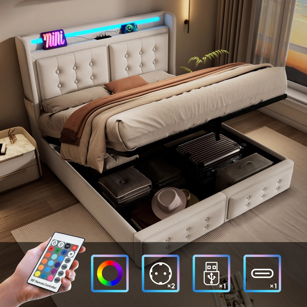 OKWISH Letto Contenitore 180×200 cm, Letto Matrimoniale con LED Regolabile, USB, Tipo C e Prese, senza Materasso, Beige