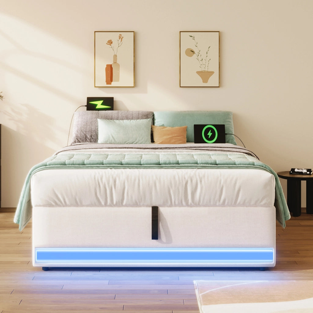 OKWISH Letto Singolo 90×200 cm con LED, USB, Type C e Contenitore, senza Materasso, in Lino, Beige