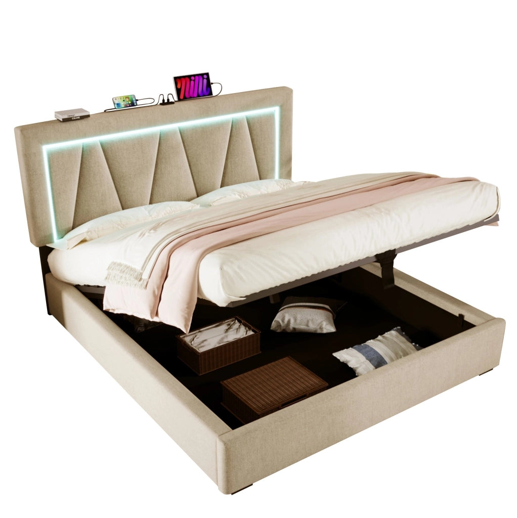 Letto matrimoniale imbottito con LED, USB e porta Type-C, con contenitore e rete a doghe