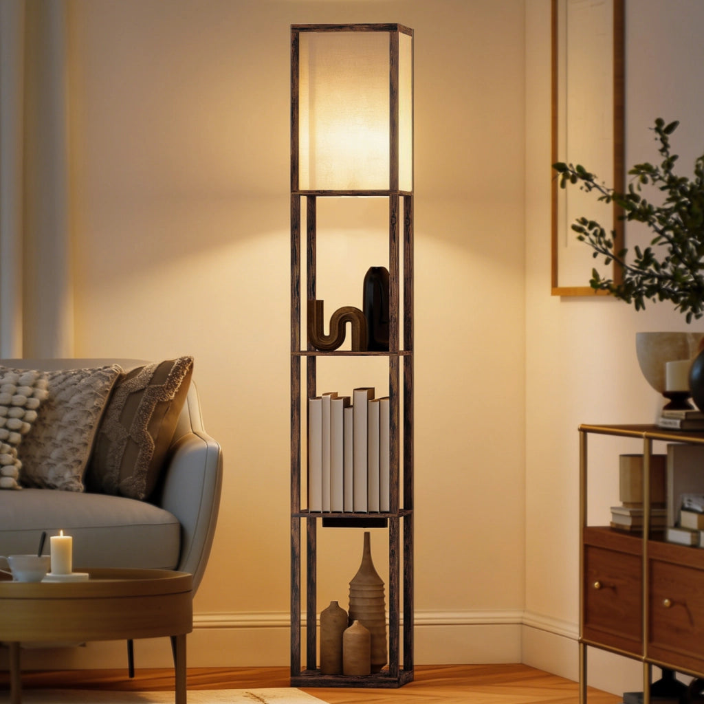 Lampada da Terra con Ripiani e USB ¨C Minimal ¨C Marrone