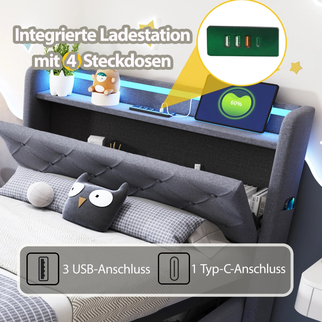 LETTO imbottito 90x200 cm con luci LED, porte USB e vano, grigio
