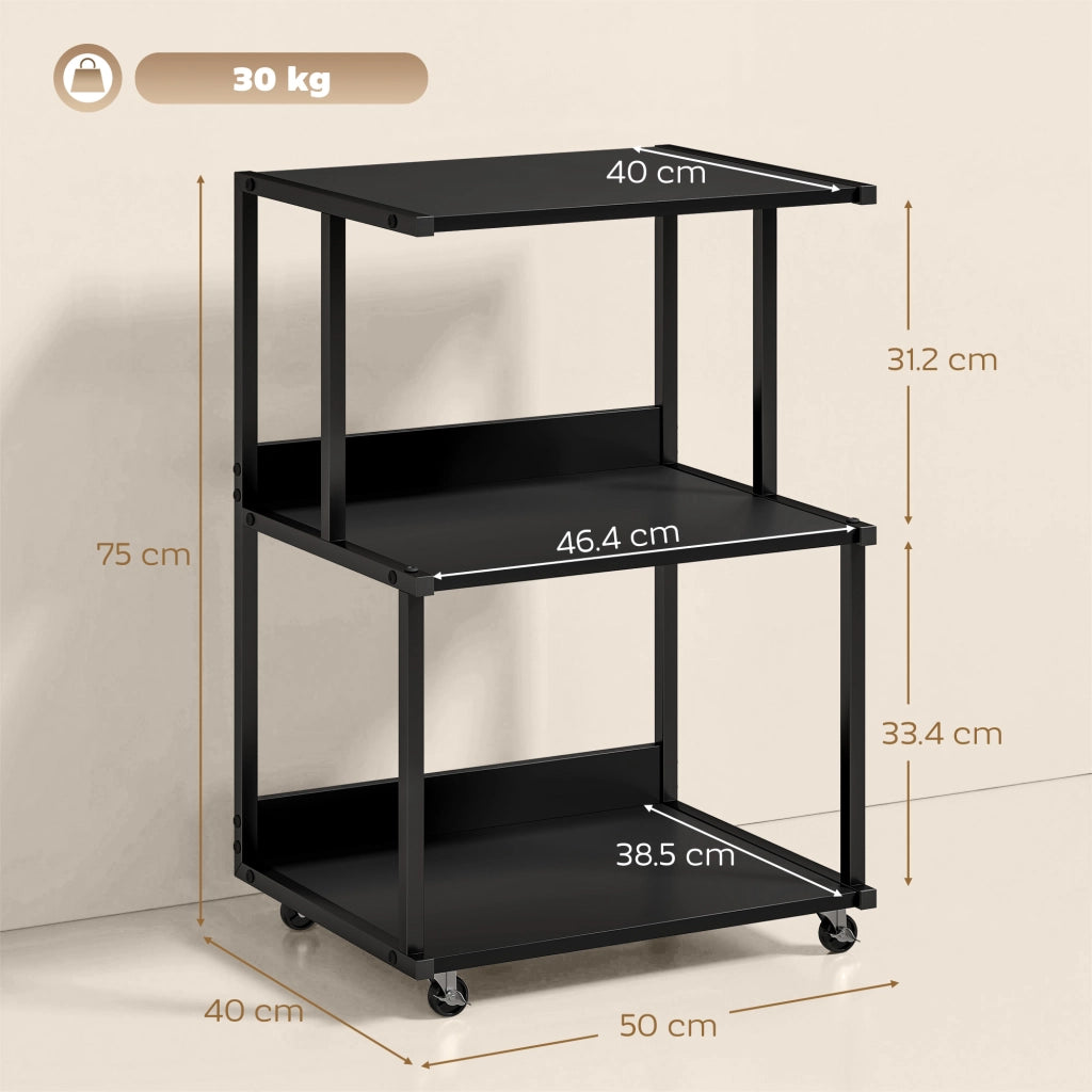 Mobile Supporto Stampante 3 livelli 50x40x75 cm con Ruote e Ripiani in Metallo Nero