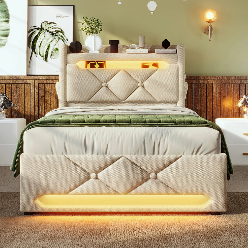 Letto singolo-Xylo-90x200 cm-LED 360°, USB-C, idraulico, lino, beige