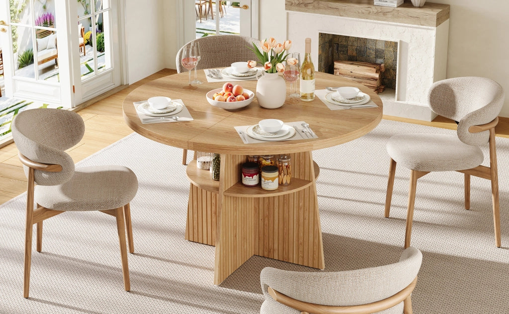 Tavolo da pranzo rotondo allungabile 110-150x110x77,5 cm, design moderno effetto legno naturale