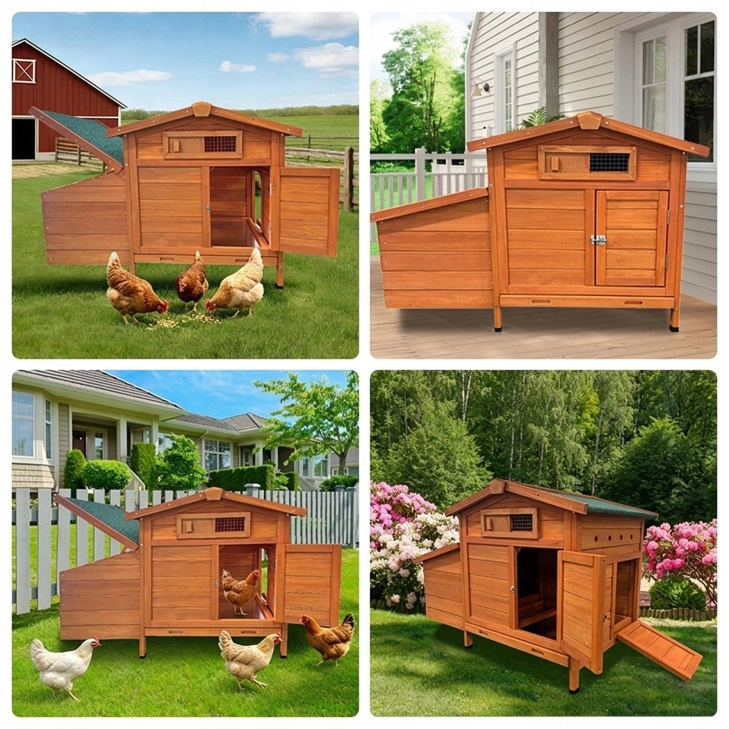 Pollaio da Giardino in Legno Naturale 104×60×71;5 cm; Ricovero Rialzato per Galline con Nido e Pulizia Facile