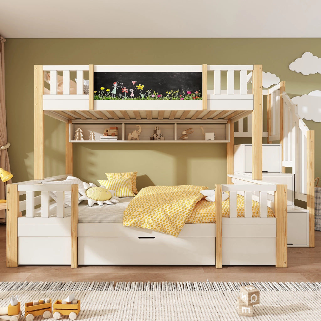 DESMIU Letto a castello per bambini 90 × 200 e 140 × 200 cm con lavagna, vano contenitore, senza materasso, in legno, bianco