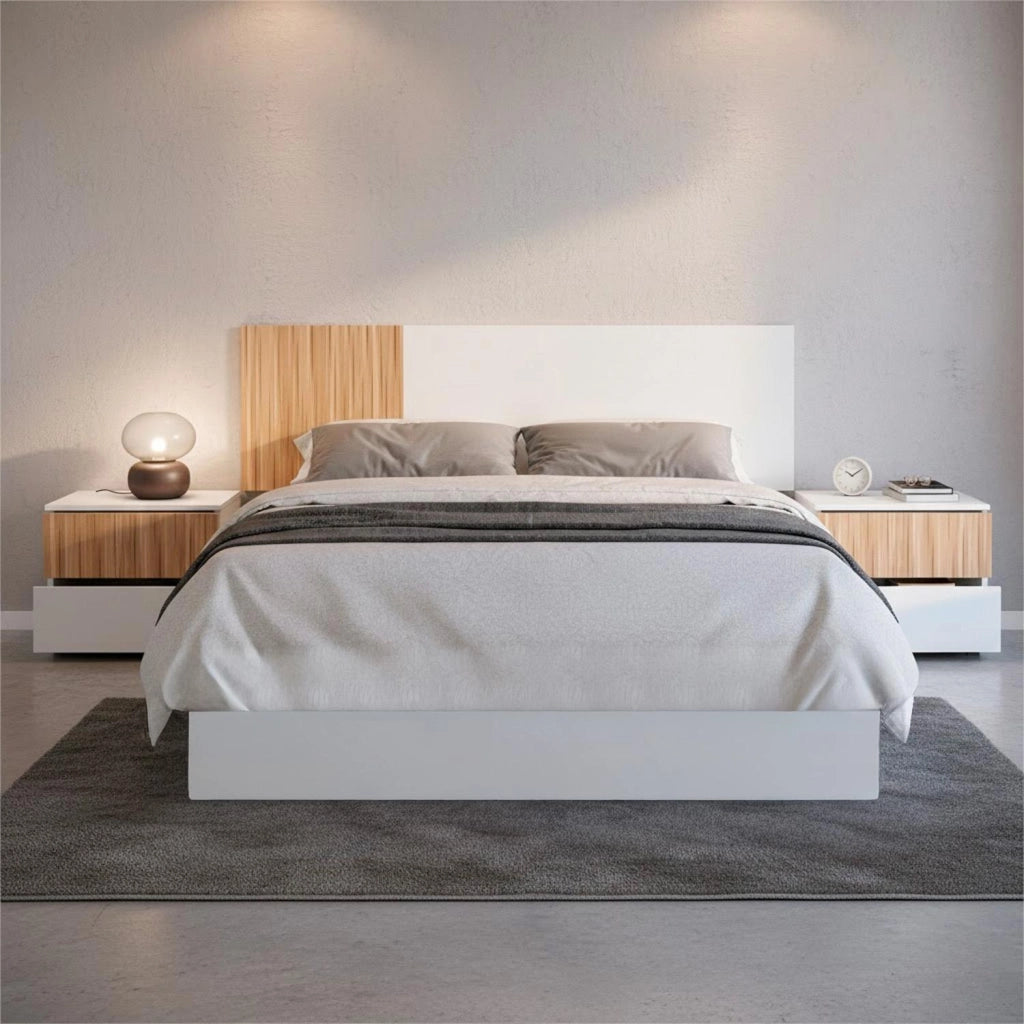 Testiera Matrimoniale Con Due Comodini Dotati Di Due Cassetti Design Scandinavo Con Fissaggio A Parete  160 Cm Bianco E Legno Naturale