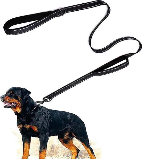Cinturone per cani 1,80 metro riflettente e robusto doppio manico imbottito, pesante cinturone in nylon per cani di taglia media-grande nero