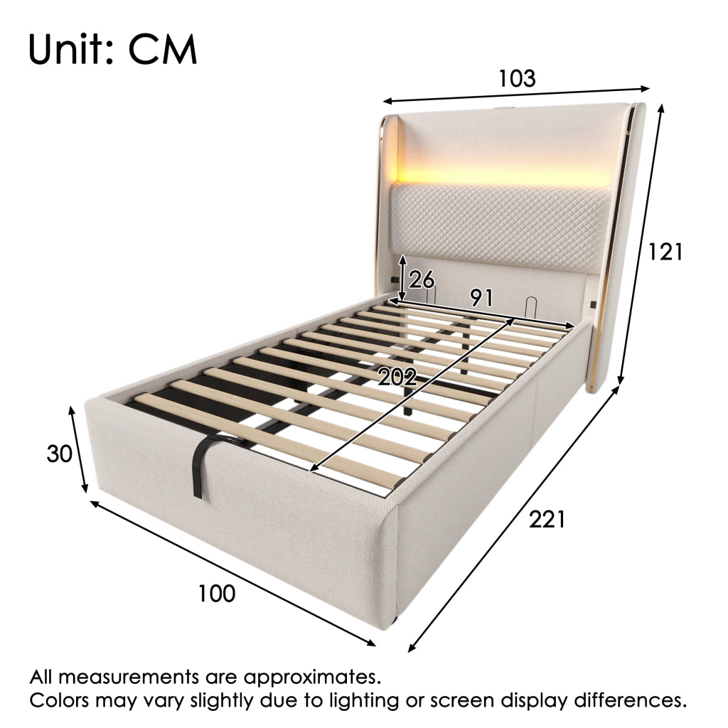 LETTO idraulico 90x200 cm in lino beige con LED, USB e Type-C