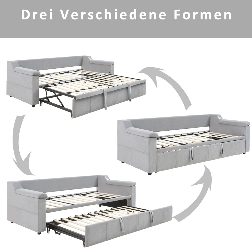 LETTO SOFA 90/190 cm Grigio in velluto con armlehnen Bluetooth, USB e ripiani