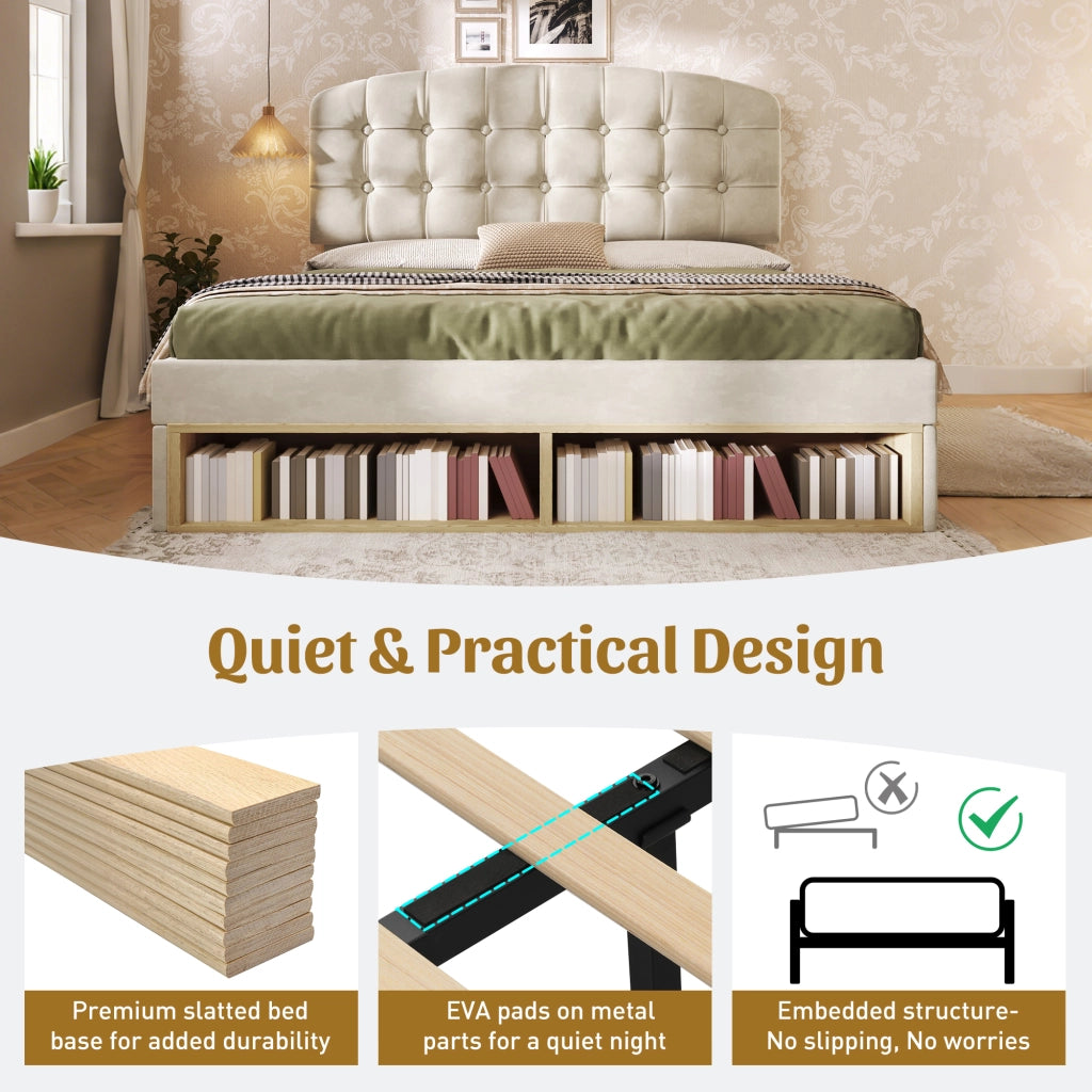 DESMIU Letto matrimoniale 140 × 200 cm 2 posti con testiera regolabile, cassetti e contenitore, senza materasso, beige