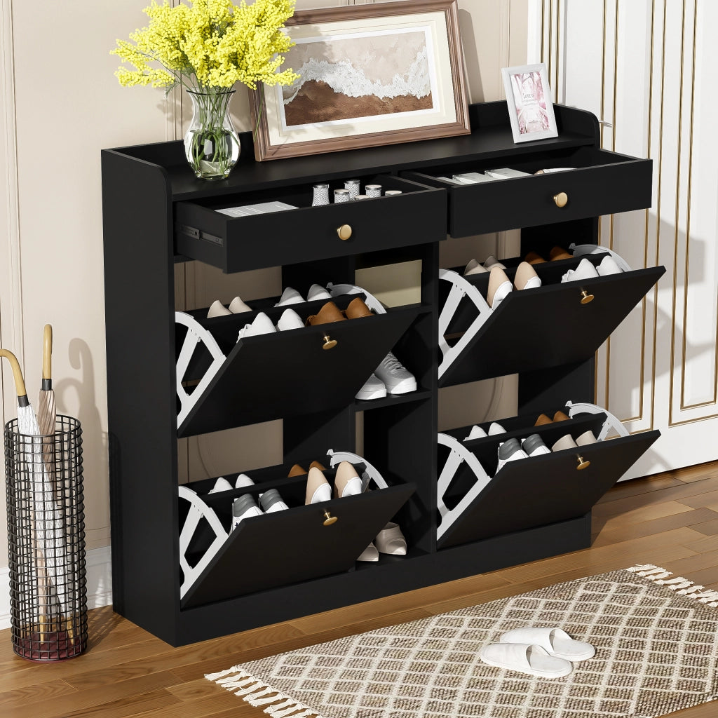 Scarpiera Nera 110×26×100 cm con 4 Ante a Ribalta; 2 Cassetti e 3 Vani Aperti; Mobile Porta Scarpe Salvaspazio