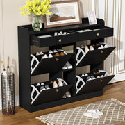 Scarpiera Nera 110×26×100 cm con 4 Ante a Ribalta; 2 Cassetti e 3 Vani Aperti; Mobile Porta Scarpe Salvaspazio