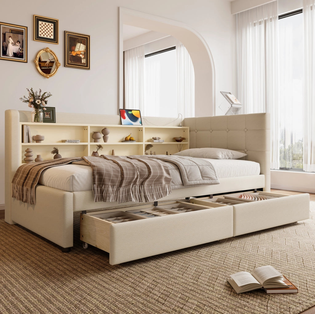 Letto daybed 90x200 cm in lino beige con 2 cassetti e porte USB