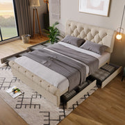 Letto matrimoniale imbottito 140x200 cm con 4 cassetti; testiera regolabile; lino naturale