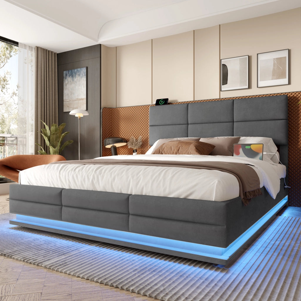 OKWISH Letto Contenitore 180×200 cm, Letto Matrimoniale con USB, Tipo C, LED Regolabile e Testiera Regolabile, senza Materasso, Velluto, Grigio Scuro