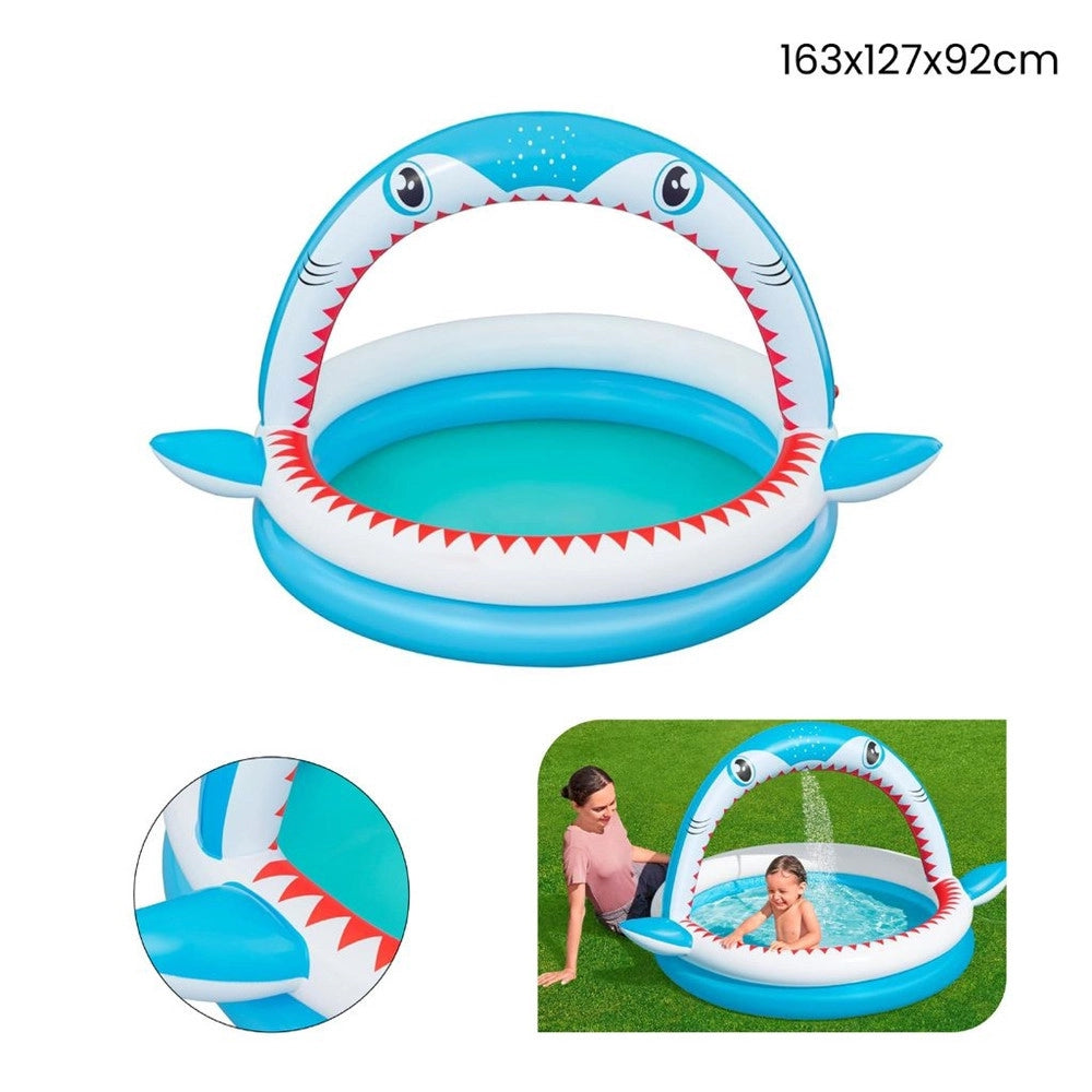 Trade Shop - Piscina Per Bambini Sharktastic 2 Anelli Grafica A Squalo 163x127x92cm Con Spruzzo 53157 -