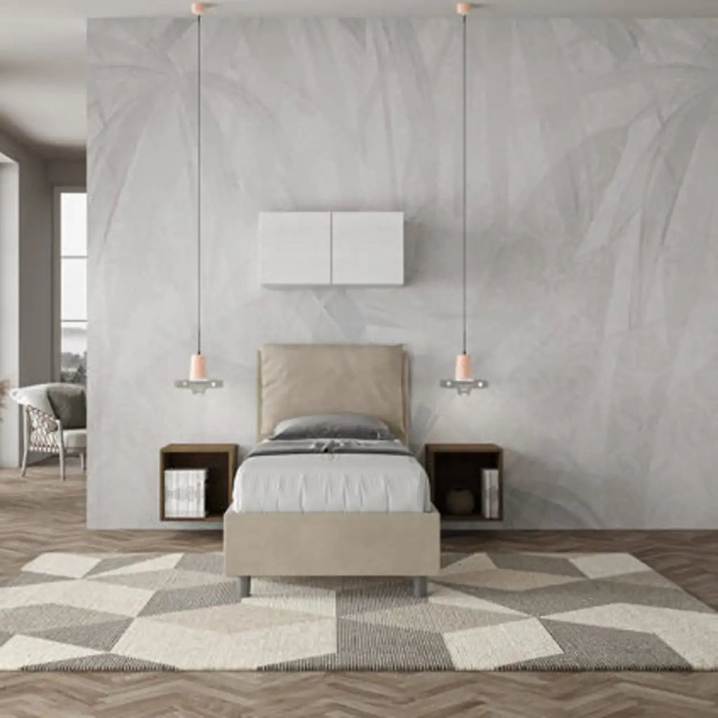 Letto singolo contenitore imbottito 80x210 microfibra sabbia Antea