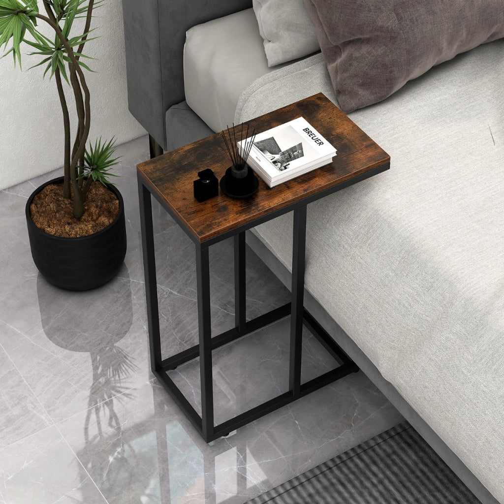 Tavolino a forma di C per divano e letto, Tavolino da soggiorno altezza 64cm con struttura in metallo Marrone Rustico