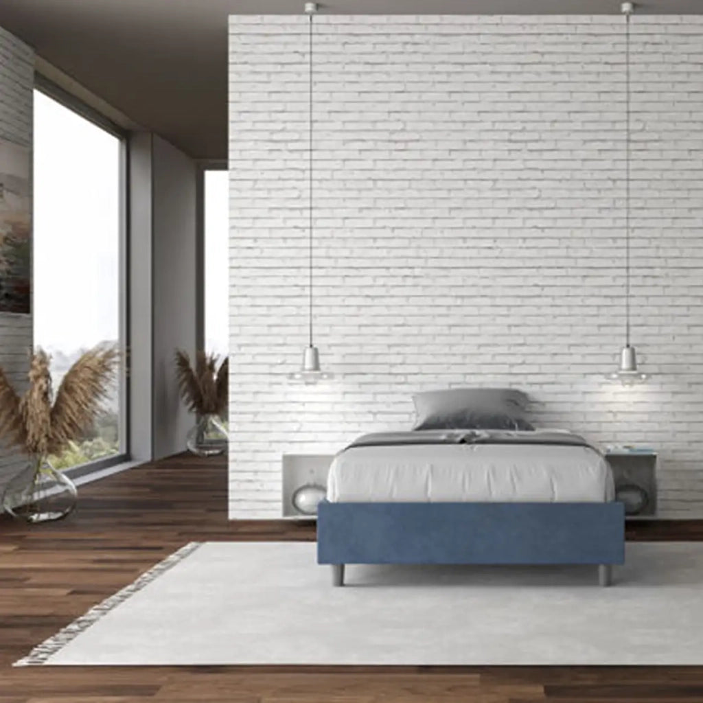 Letto una piazza e mezza con rete imbottito 120x200 microfibra blu Azelia