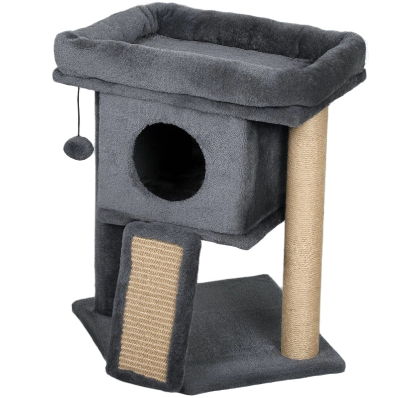 Tiragraffi per gatti con tappetino in juta, piattaforma per sdraiarsi, palla da gioco, casetta per gatti, beige, 40 x 40 x 57 cm