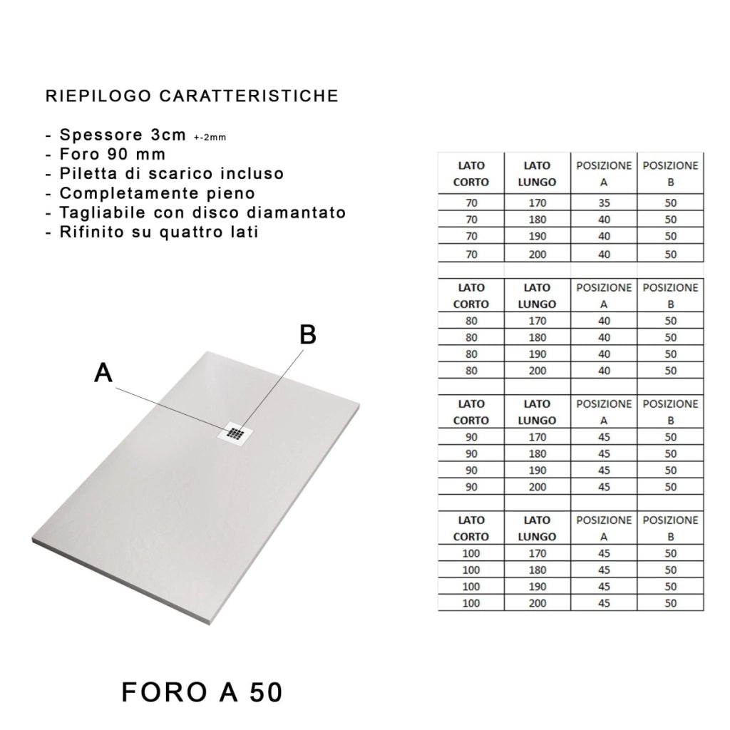 Piatto doccia in marmo resina bianco pietra cemento plus, misura 75x110