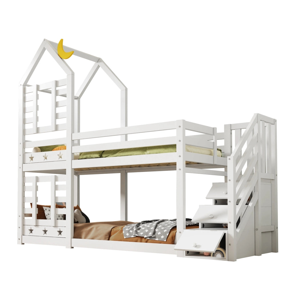 Letto a castello a casetta con scala contenitiva e cassetti, bianco, 90x200 cm